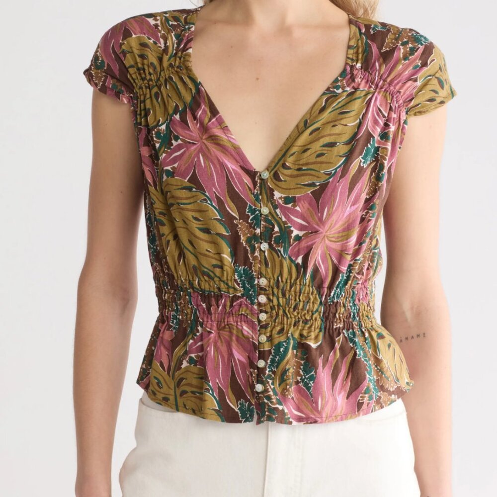 Madewell Suzy Tropical Print Button Down Short Sleeve Top Women's XL